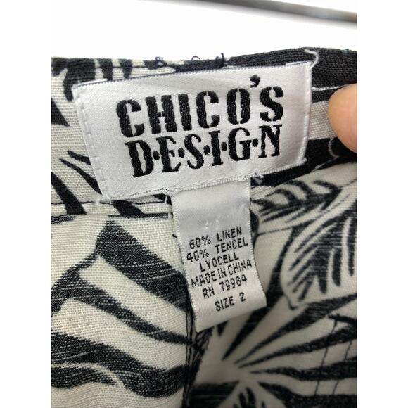 Chico's Cropped Pant Womens Sz 2 US L Linen Blend Black White Floral Print *FLAW - Picture 3 of 6